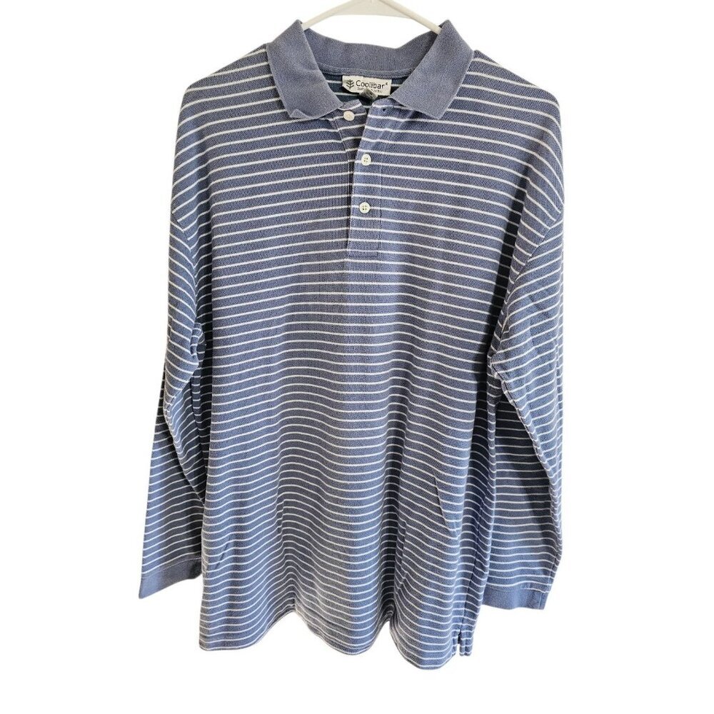 Coolibar Men’s Large Blue White Striped Long Sleeve Polo UPF Sun Shirt Preppy - Picture 2 of 7